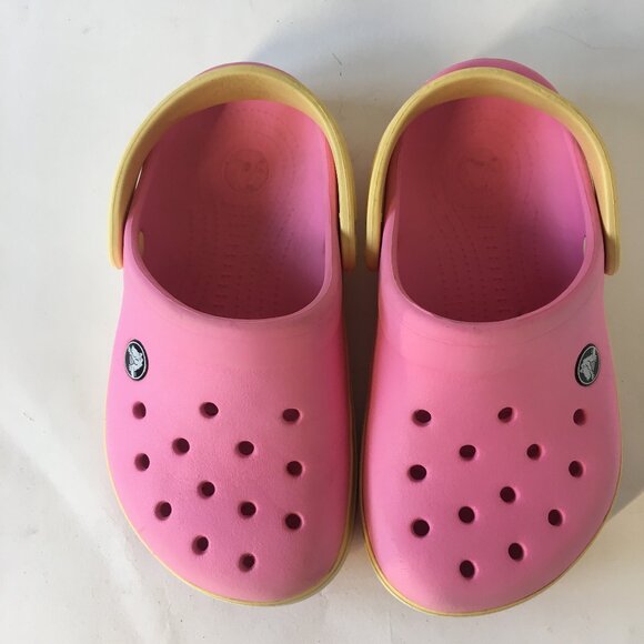 Girls Crocs Pink and Yellow Clogs Size J 1 Kids Shoes Original - Picture 2 of 14